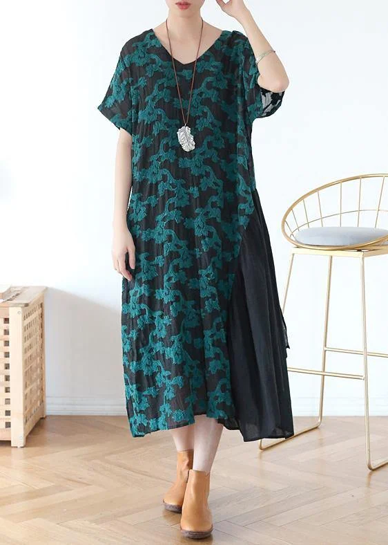 Beautiful v neck pockets tunic top design green print A Line Dresses