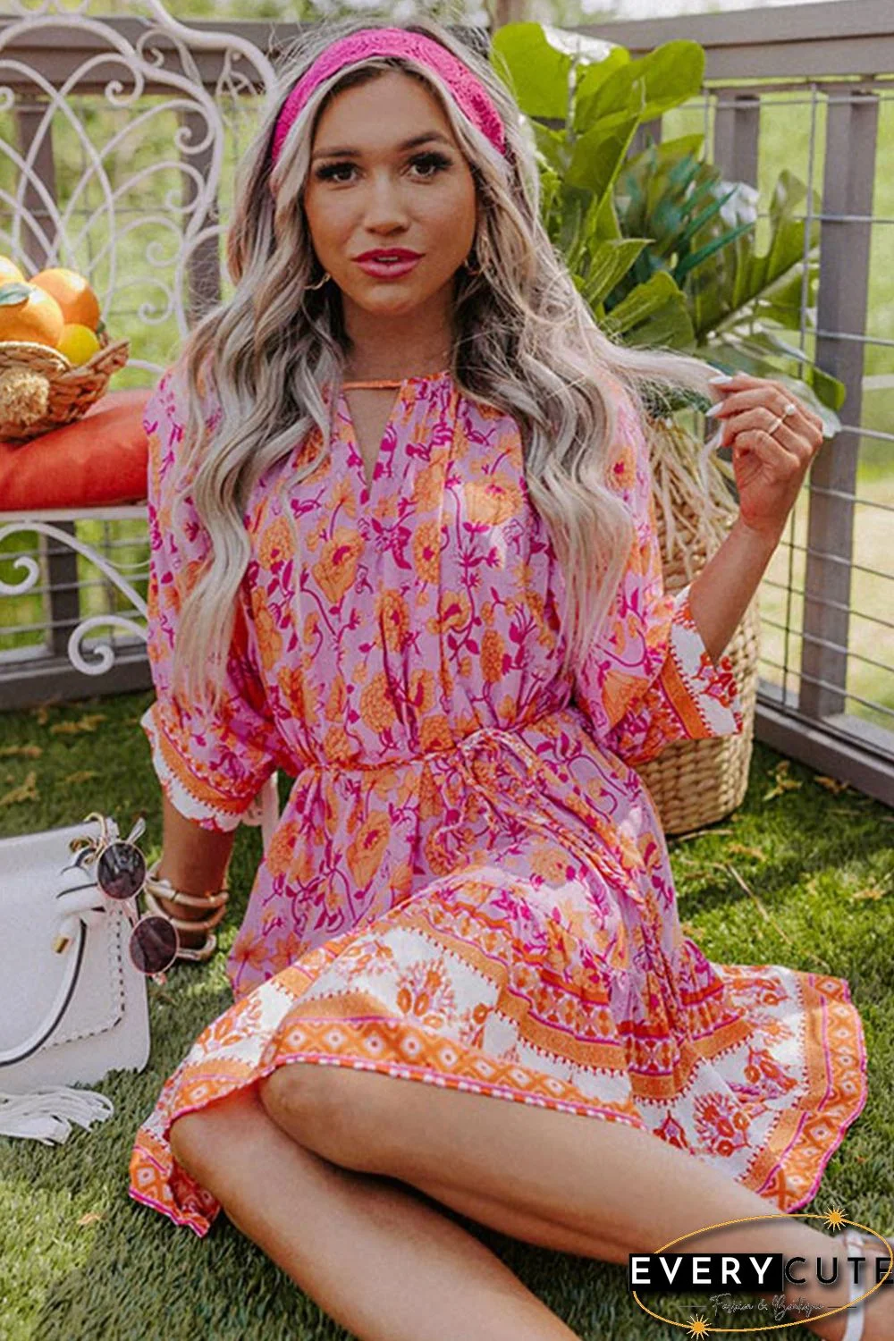 Red 3/4 Sleeve Boho Floral Belted Mini Dress