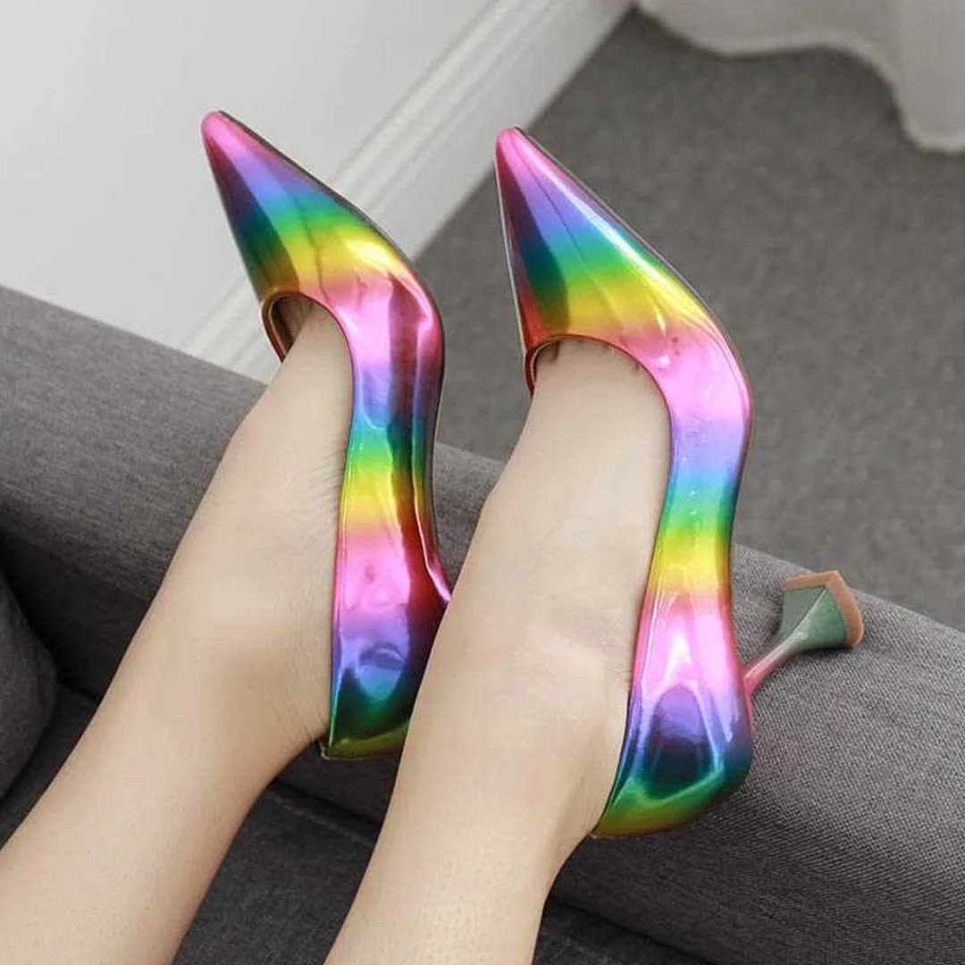 Rainbow Vegan Leather Flared Heel Pointed Toe Trendy Pumps for Women
