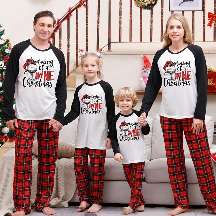 'Dreaming of a Wine Christmas' Red Black Plaid Family Matching Pajamas Sets