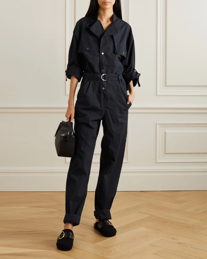 Black long-sleeved overalls and lace-up jumpsuits
