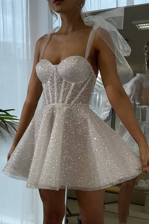 Oknass White Sequins Spaghetti Strap Sleeveless A Line Short Homecoming Dress 