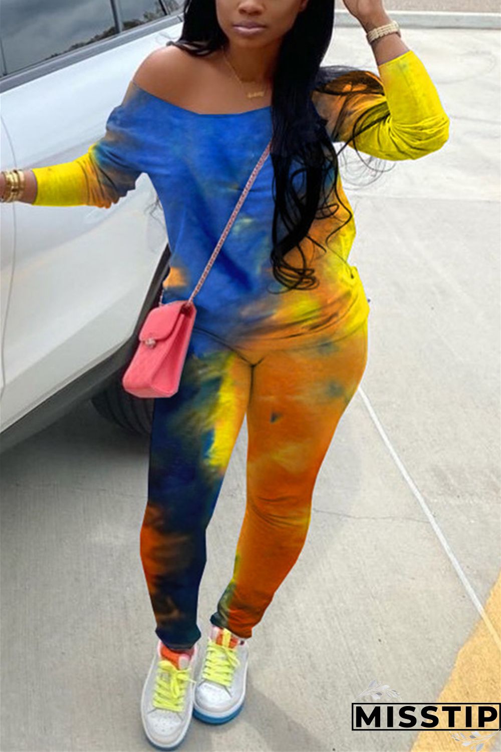 Light Blue Fashion Casual Long Sleeve Oblique Collar Regular Sleeve Regular Print Tie Dye Two Pieces