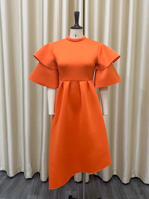 Original Loose Half Sleeves Falbala Solid Color Round-Neck Midi Dresses