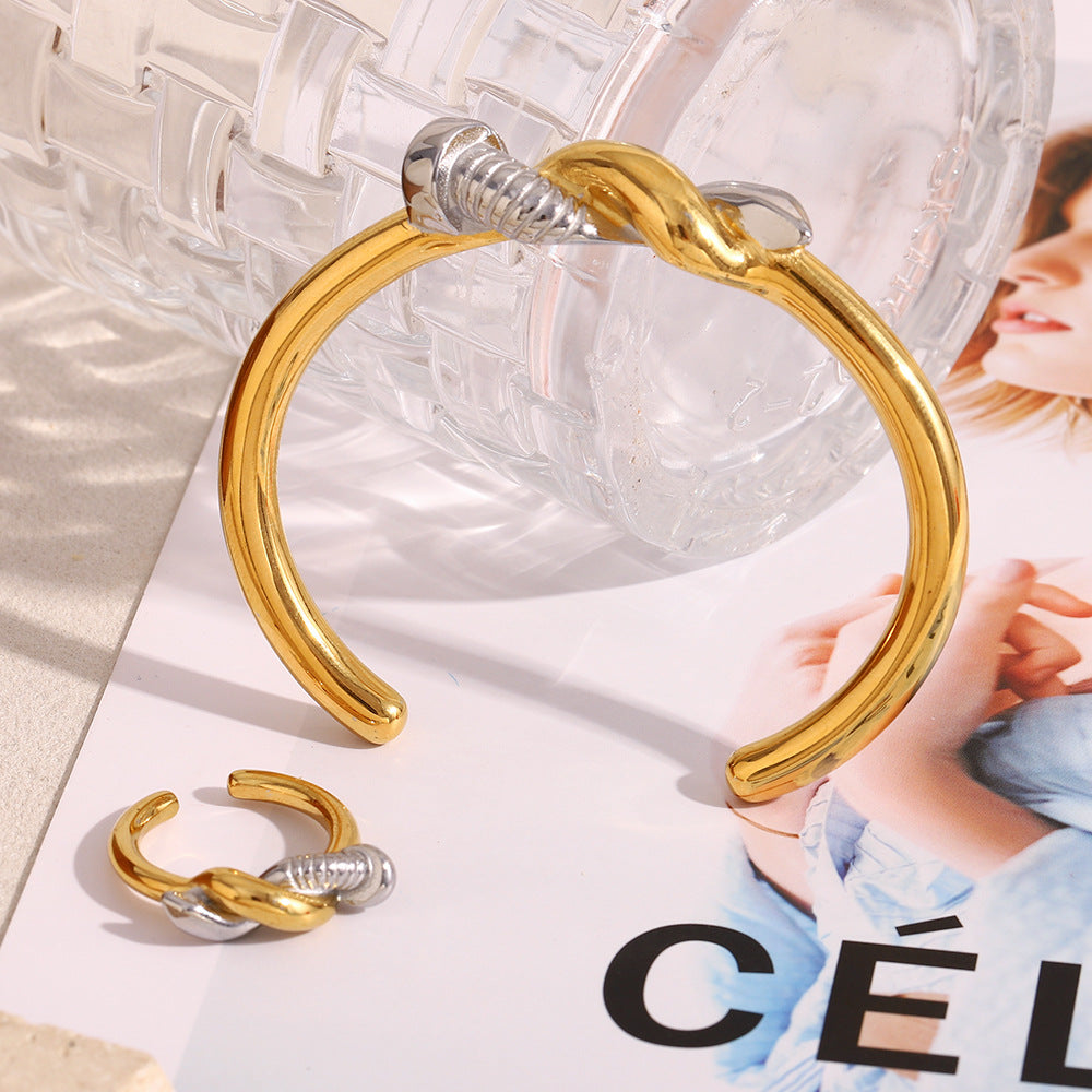 Personalized Stainless Steel 18K Gold Plated Twisted Screw Knotted Open Ring Bracelet