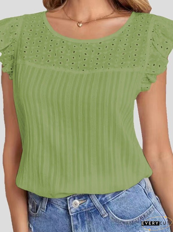 T-Shirts Cutout Crew Neck Ruffle Sleeveless T-Shirt for Women