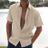 Summer Lapel Solid Color Short Sleeve Men's Linen Blouse by Inlyline