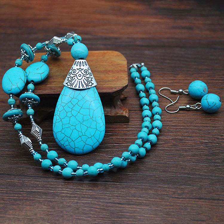 Retro Turquoise Necklace Earring Ring Set