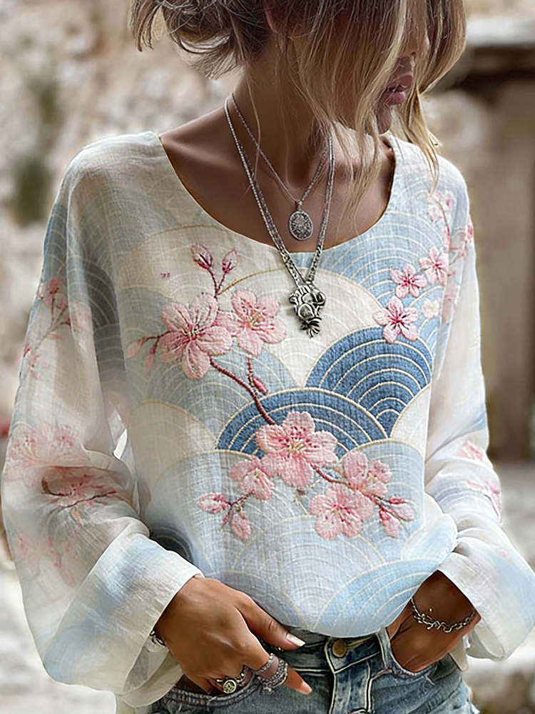 Japanese Cherry Blossom & Waves Art Linen T Shirt wearshes