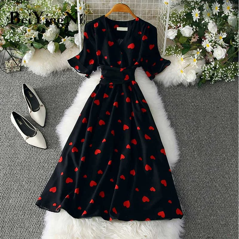 Beiyingni Summer French Dress Woman Heart Printed Sashes V-neck Elegant Party Luxury Plus Size Womens Dresses Leisure Robe Femme