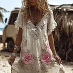 Women's Vintage Unbeatable Flower Short-sleeved V-neck Long Dress - Image 2