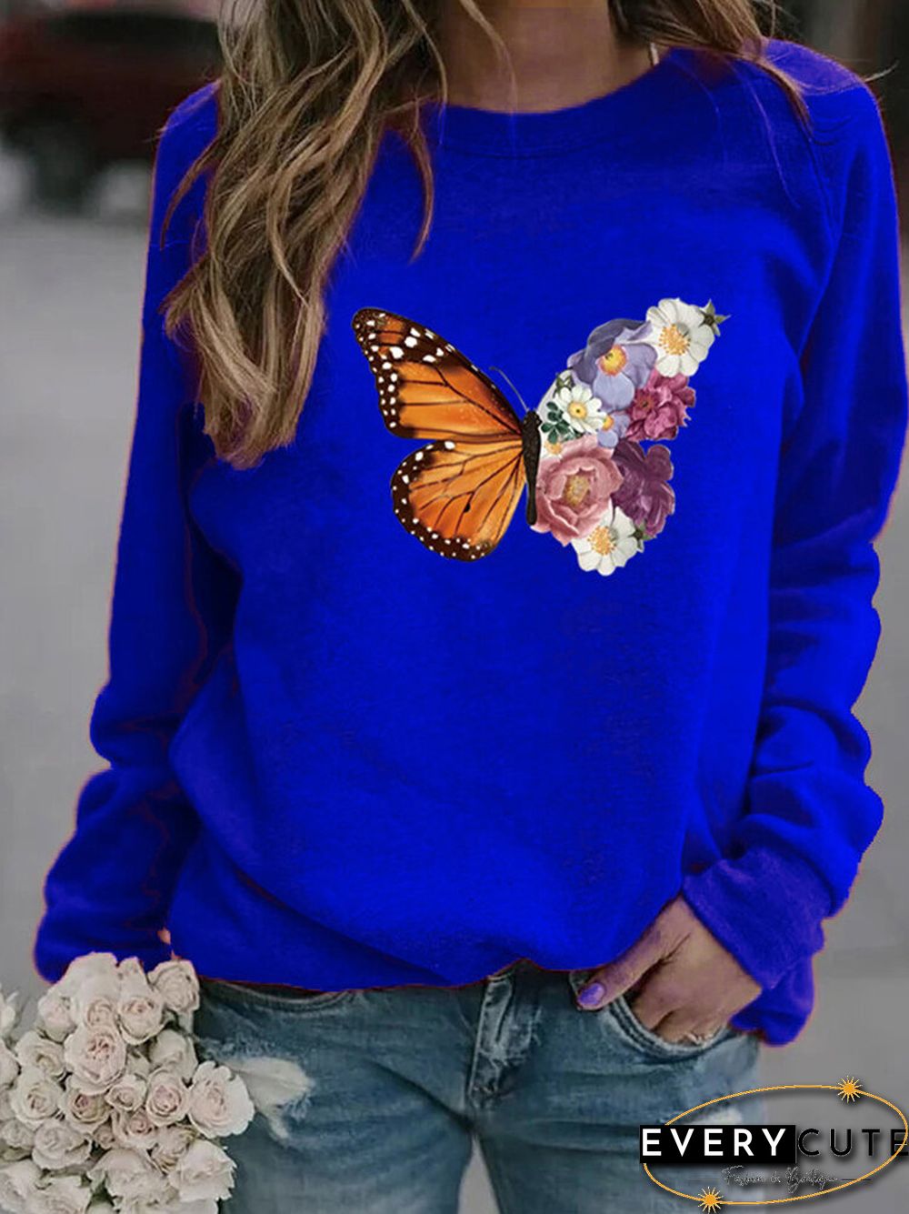 Flower Butterfly Print Long Sleeve Sweatshirt For Women
