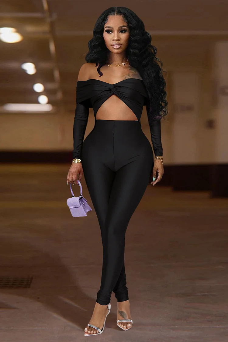 Off Shoulder Long Sleeve Twisted Cutout Skinny Jumpsuit-Red