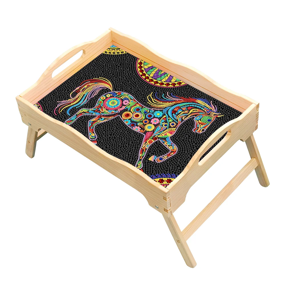 DIY Horse Diamond Painting Wooden Dinning Table Tray with Handle for Serving Food