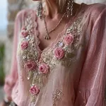 Vintage Pink Roses Glitter Embroidered Lace Flowy Tunic - Image 2