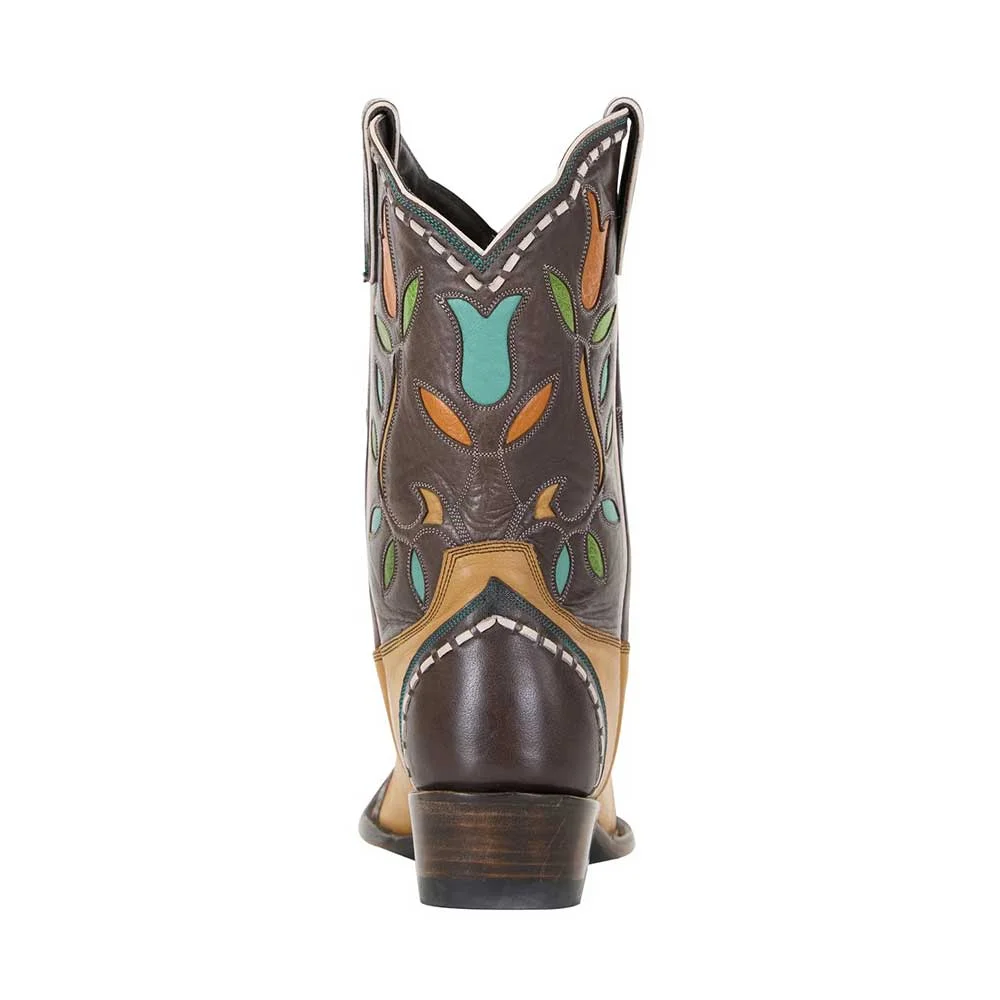 Tan Closed Snip Toe Embroidered Floral Inlay Pull On Western Boots