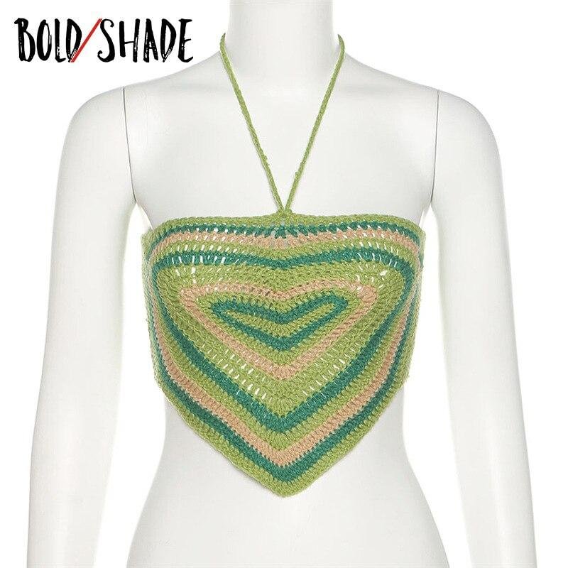 Bold Shade Indie Aesthetic Green Bandana Tops Knit Harajuku Heart Pattern Sexy Halter Camisole Cute Lace Up Backless Cropped Top