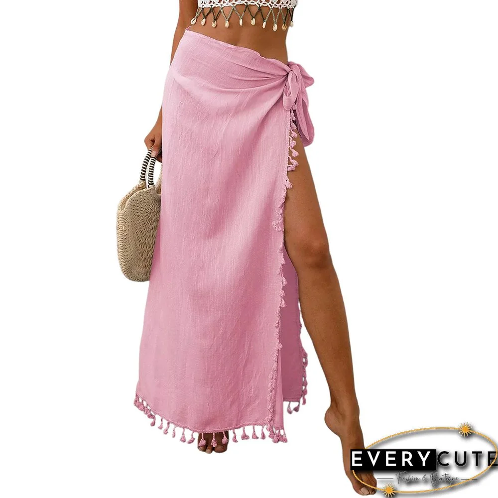 Pink Splicing Tassels Irregular Beach Maxi Skirt