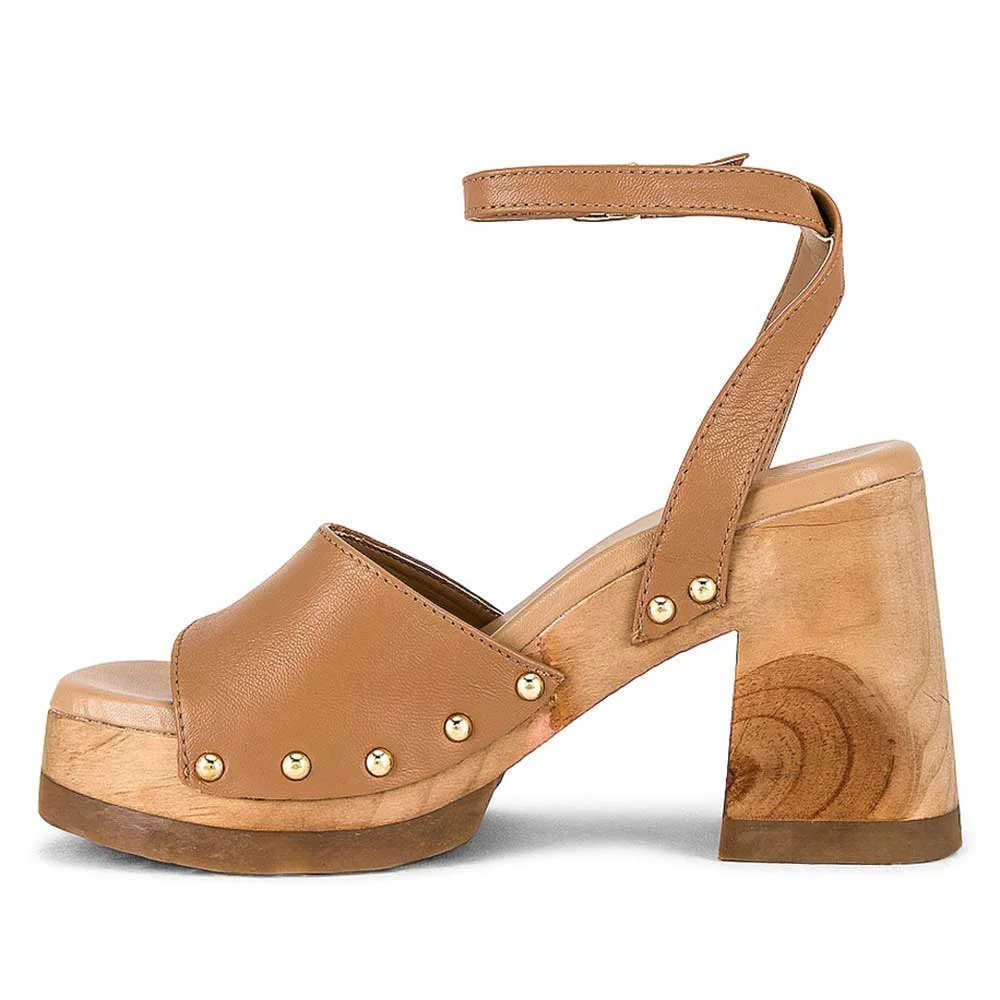 Tan Studded Chunky Heel Platform Sandals with Buckle Ankle Strap