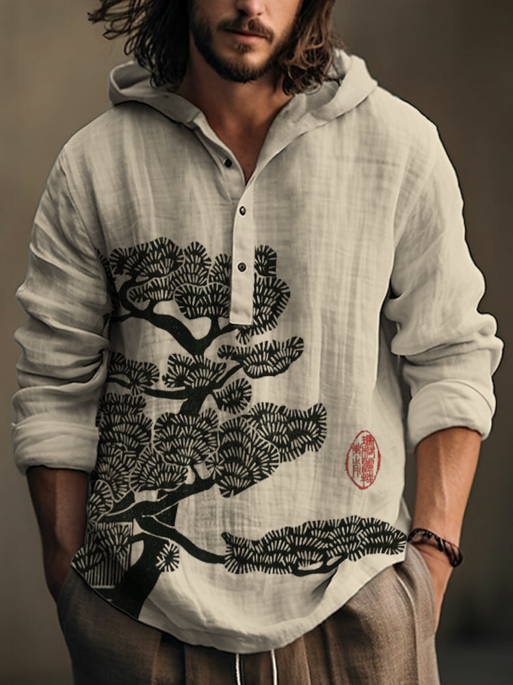 menweary Pine Tree Japanese Lino Art Linen Blend Hooded Shirt