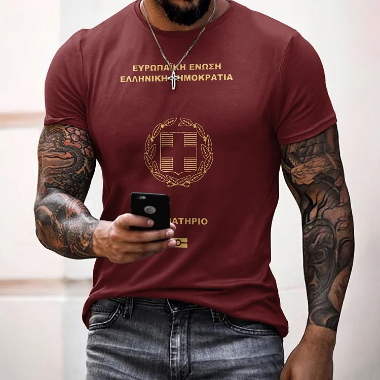 Men's Greece Passport Print Short Sleeved T-Shirt
