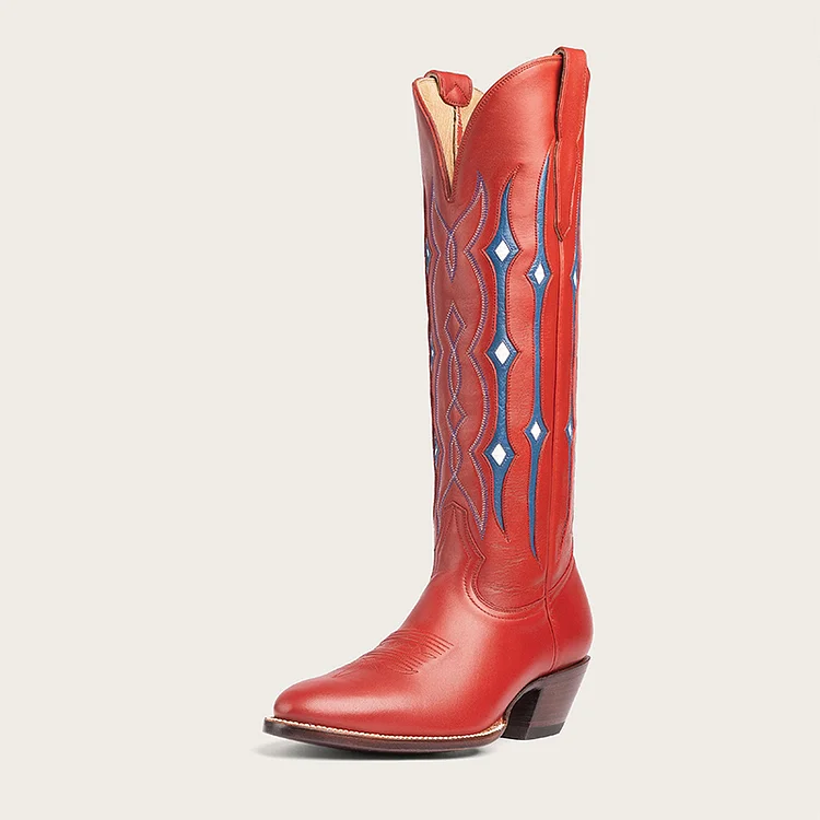 Red Sewed Western Boots Pointed Toe Block Heel Fashion Calf Boot |FSJ Shoes