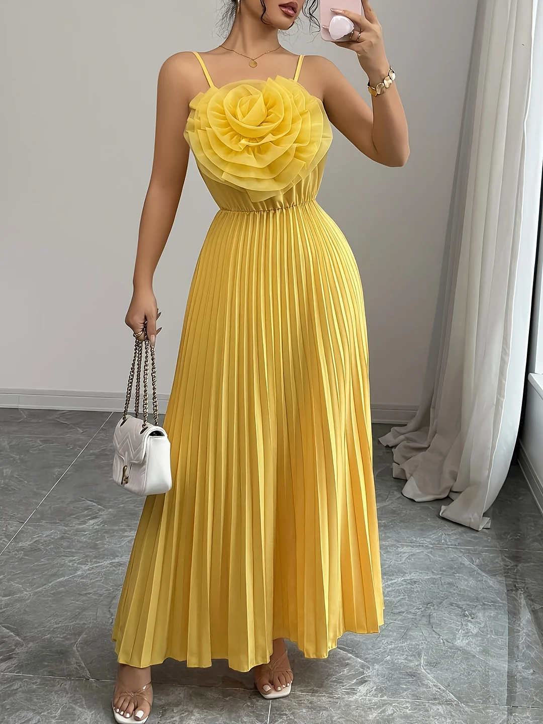 Women's French Elegant 3d Floral Waist-Hugging A-Line Dress - Lightweight Summer Party & Vacation Dress With Thin Straps, Ruching Detail, Vibrant Yellow, Hand Wash Only, Cute Dress, Casual Chic Wear, Semitransparent Material | IFYHOME