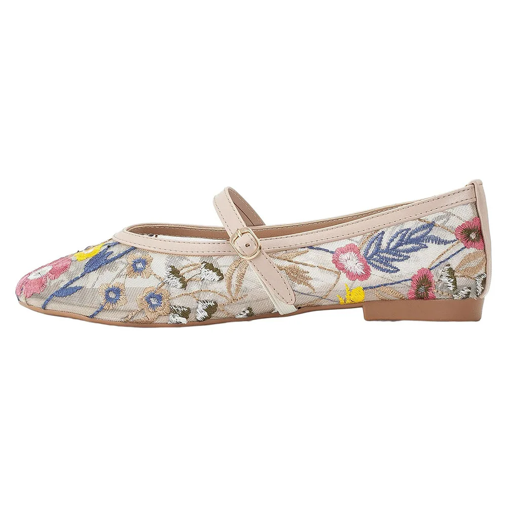 Women's Breathable Mesh Round Toe Beige Floral Mary Jane Flats
