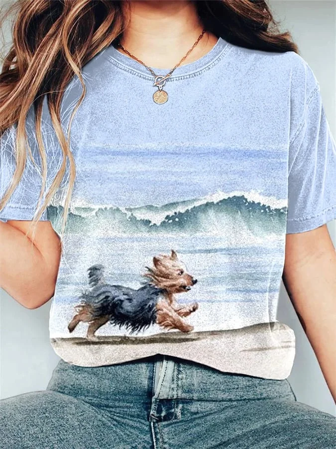 Women's Yorkshire Terrier At The Beach Watercolor Art Print T-shirt