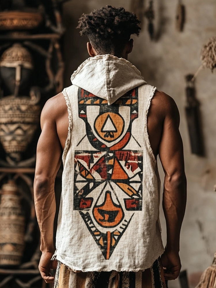 Men's African Ethnic Pattern Cozy Hooded Linen Vest