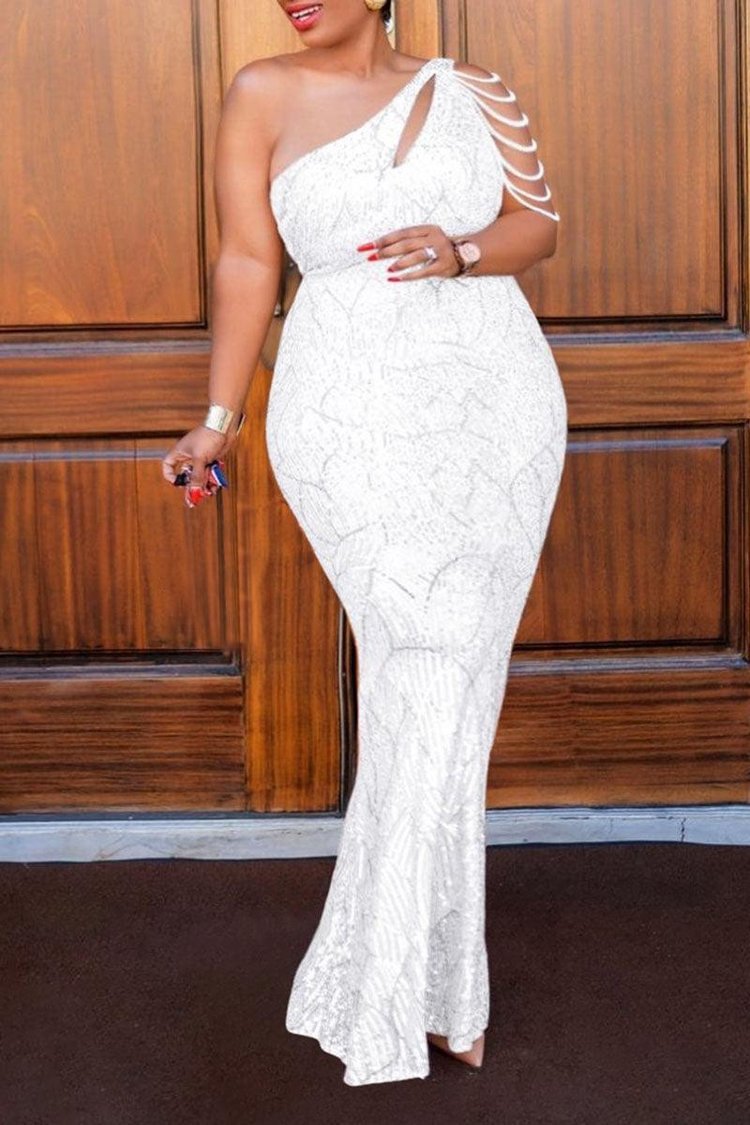 Xpluswear Plus Size Formal Sequins One Shoulder Elegant Party Maxi Dress