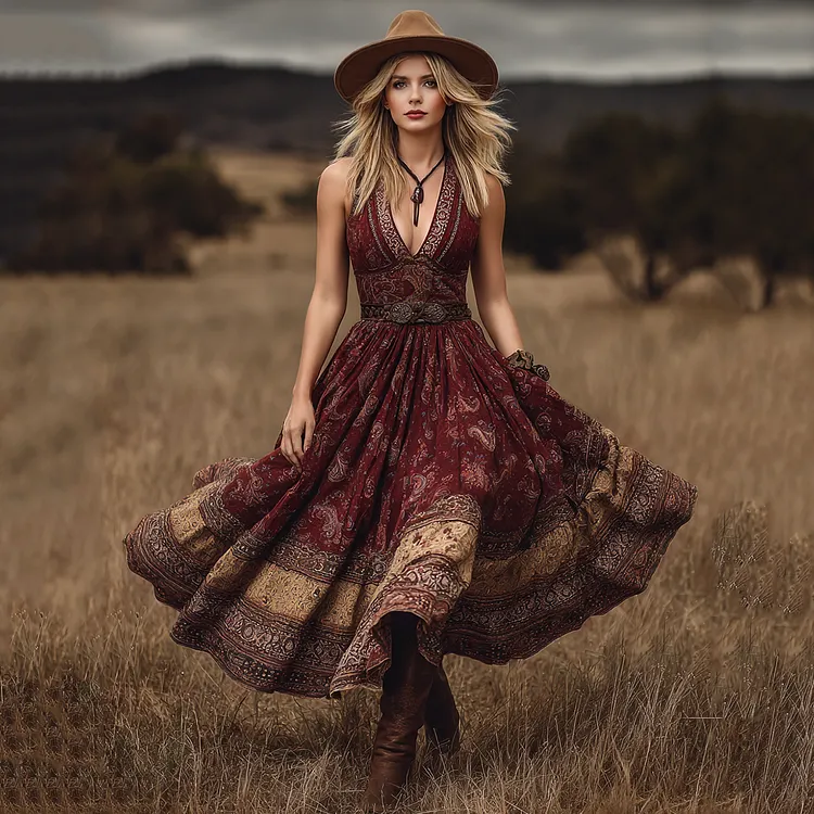 Women's Vintage Western Flower Print V-neck Sleeveless Maxi Dress