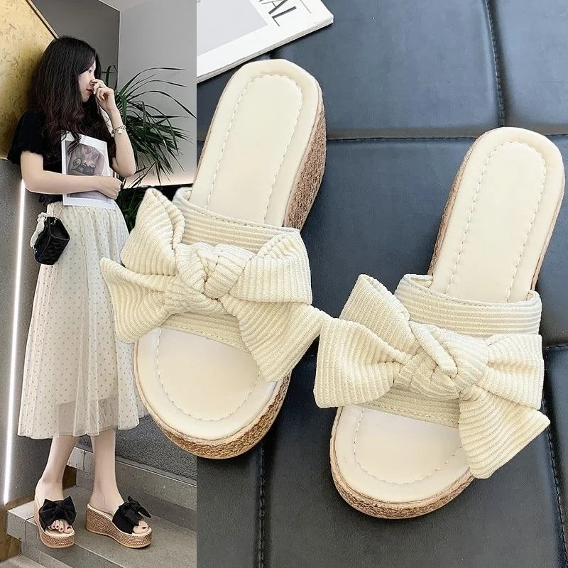 Summer Wedges Slippers Platform High Heel Women Slipper Ladies Shoes Basic Wedge Slipper Flip Flop Sandals Bow Wear-resistant