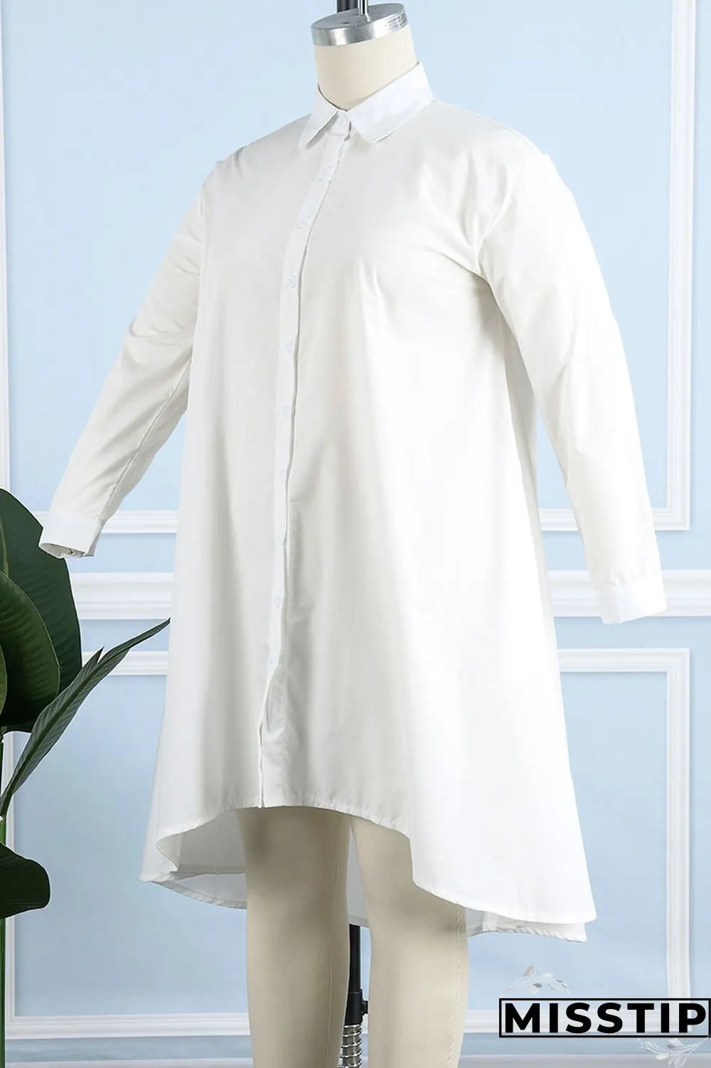 Purple Casual Solid Patchwork Buckle Asymmetrical Turndown Collar Shirt Dress Plus Size