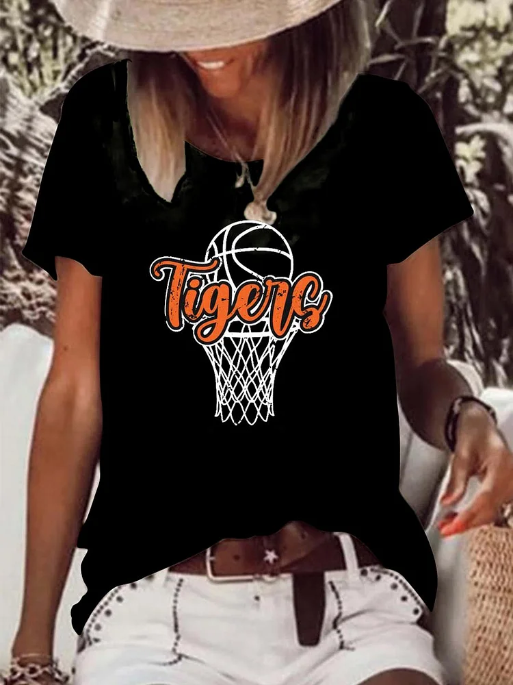 Tigers Basketball Raw Hem Tee-Annaletters