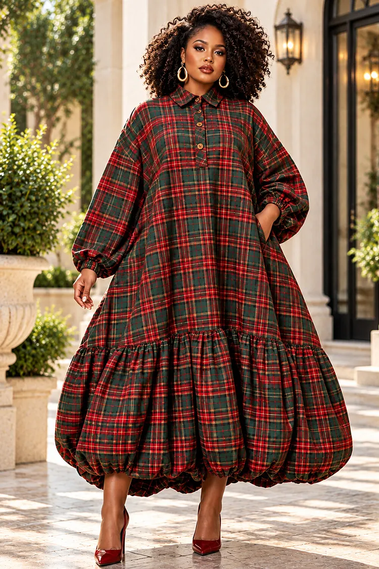 Xpluswear Design Plus Size Christmas Burgundy Plaid Shirt Collar Long Sleeve Bubble Pocket Midi Dresses [Pre-Order] 2024 - Xpluswear