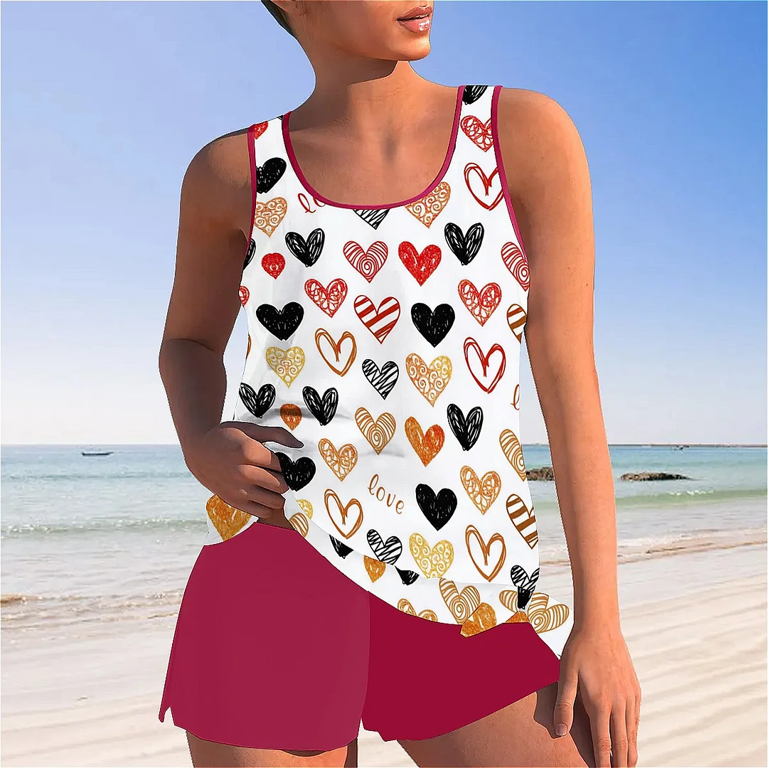 Bowknot Heart,Love,Valentine's Day Mid Waisted Tankini Set - Plus Size Available