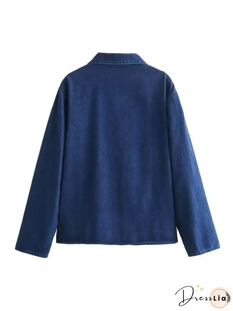 Women Fashion Lapel Collar Lace Up Blouses Female Casual Long Sleeves With Pockets Solid Denim Outerwear