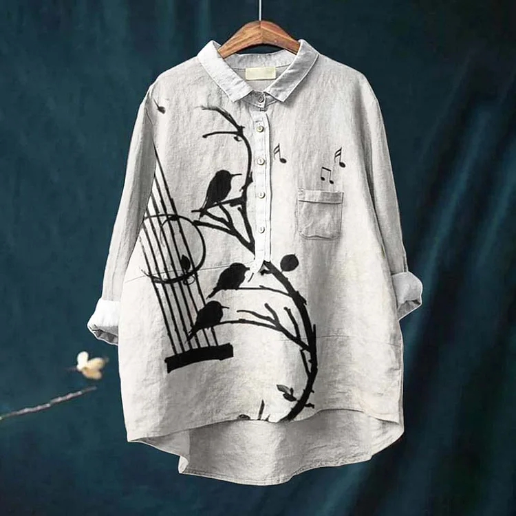 Casual Abstract Creative Cello Lyrics Bird Printed Cotton Linen Shirt