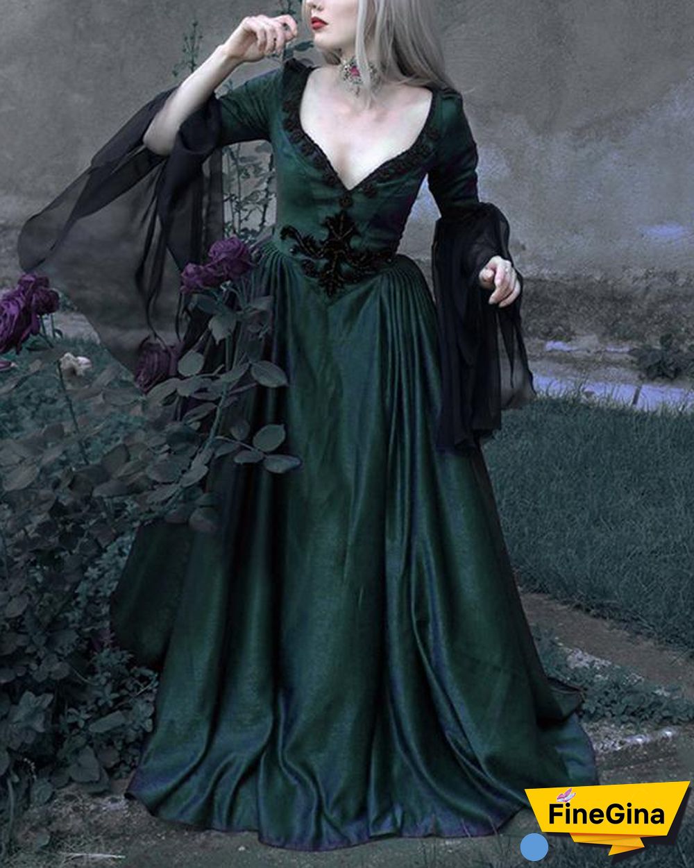 Women'S Retro Slim Solid Lace And Low V-Neck Dress