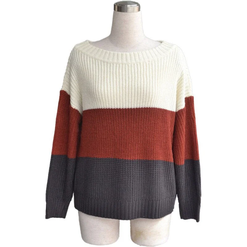 Fitshinling Off Shoulder Women's Oversize Sweater Patchwork Bohemian Pullover Knitted Jumper Holiday Slim Sweaters Women Clothes