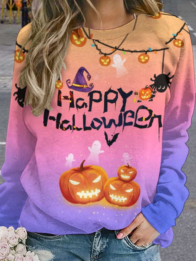 Women Funny Pumpkin Happy Halloween Gradient Color Raglan Sleeve Sweatshirts