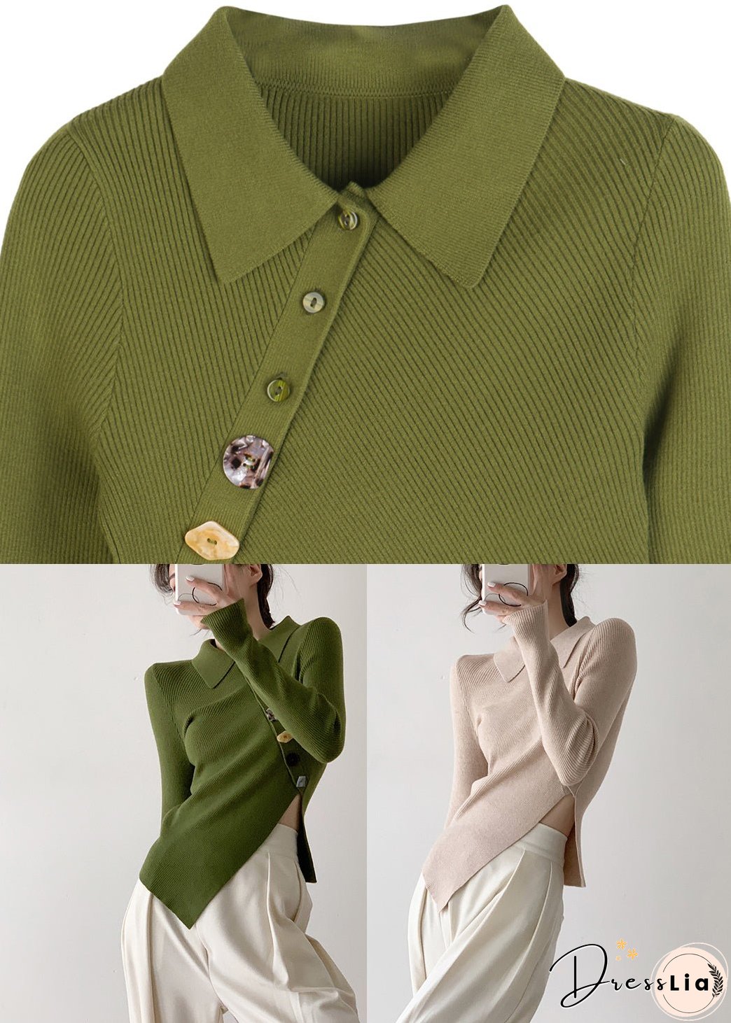 Vintage Green Peter Pan Collar Asymmetrical Knit Pullover Long Sleeve