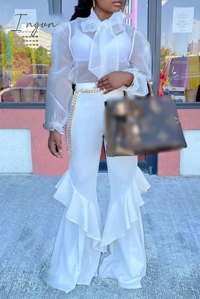 Ingvn - Casual Solid Frenulum See-Through With Bow Long Sleeve Two Pieces White / S