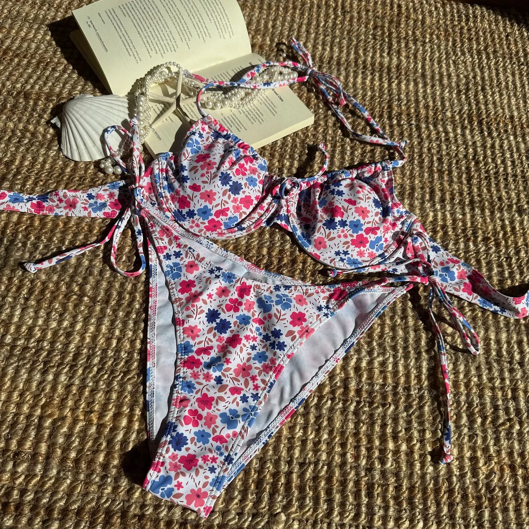 Uveng 2025 New Small Fresh Floral Print Sexy Strap Bikini Split Swimsuit Bikini