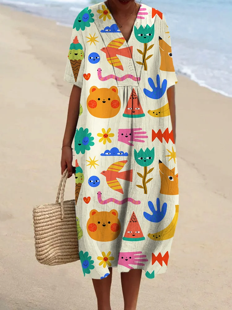 Cartoon Simple Strokes Pattern Animals And Plants Printed Women's Casual Cotton And Linen
