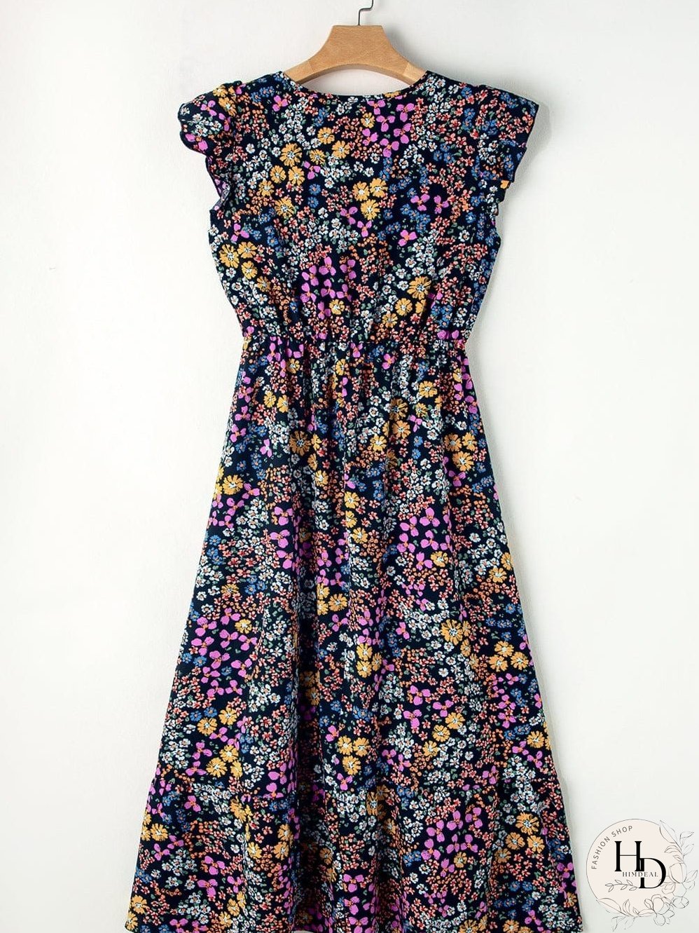 Elegant Black Floral V-Neck Midi Dress with Ruffle Sleeves