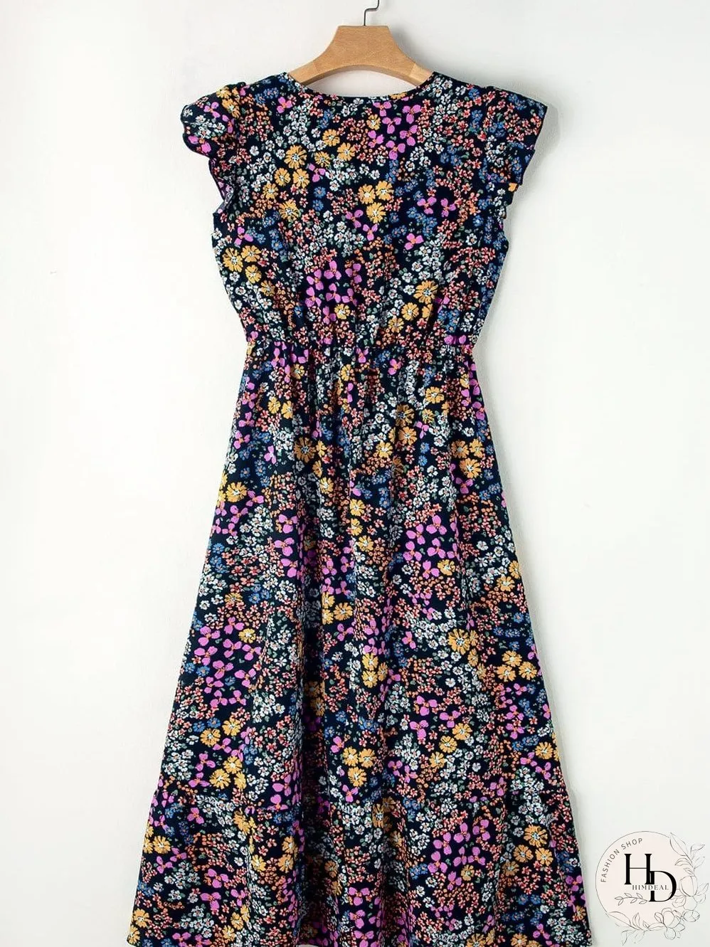 Elegant Black Floral V-Neck Midi Dress with Ruffle Sleeves