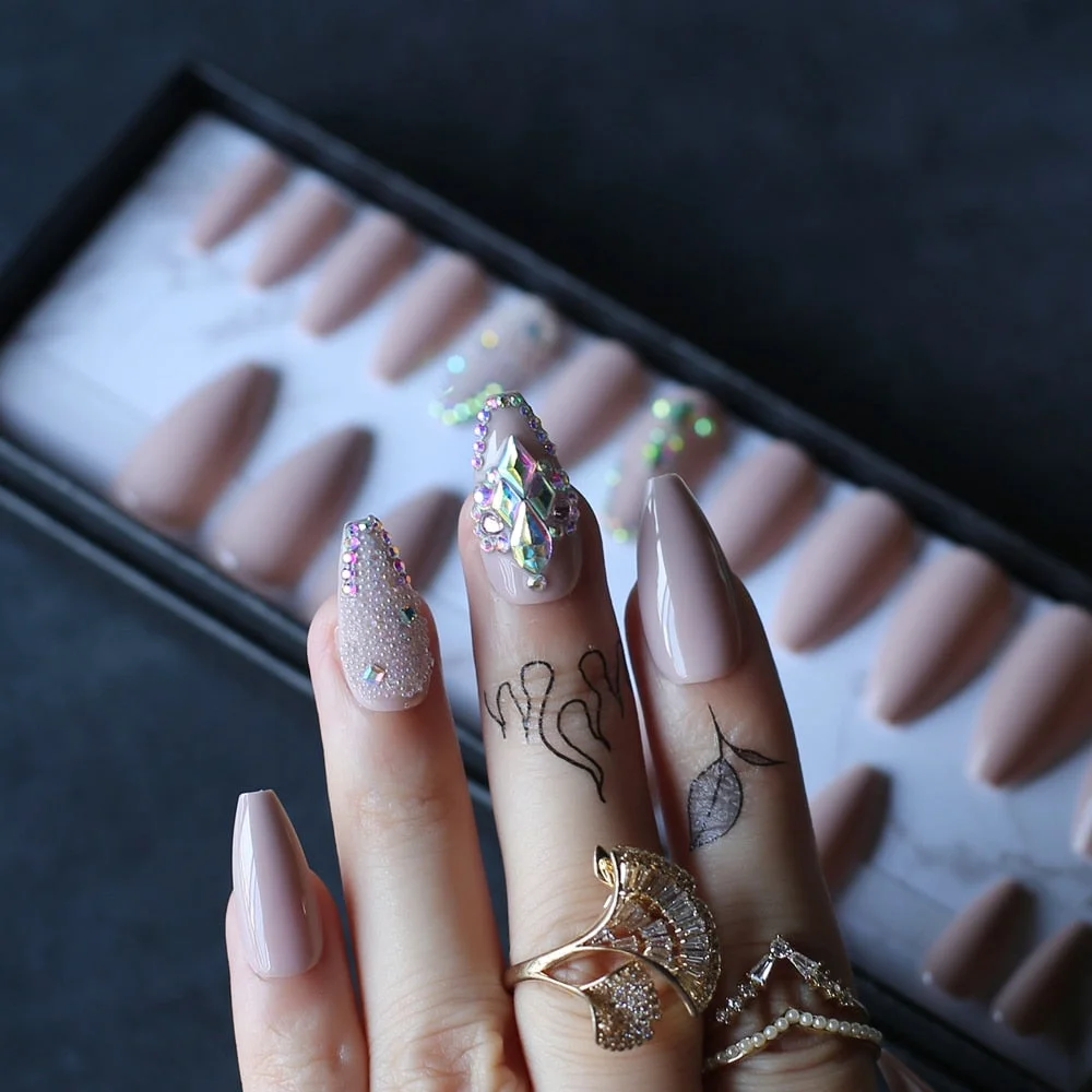 Coffin Nude Glossy Press on nails with box AB holographic Crystal caviar Fake nails Gel Cover False nails Ballet buff tan-Nail Inspo