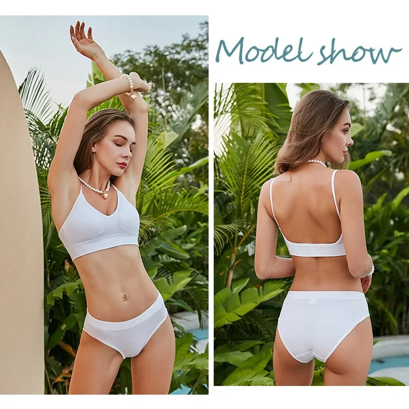 FINETOO Women Padded Bra Panties Set Soft Backless Tops Wireless Bras Set Seamless Underwear Women Lingerie Set Fitness Top S-XL